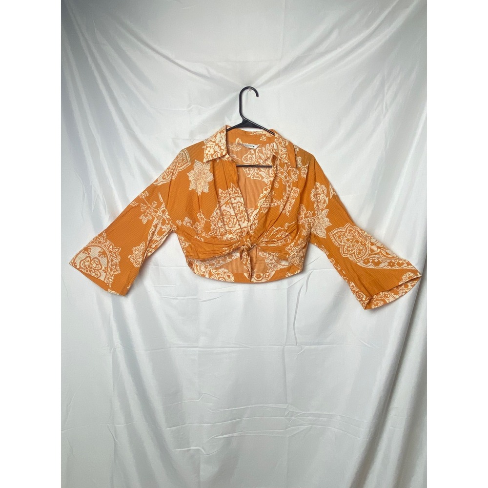 ZARA Golden Orange Paisley Print Twist Front Cropped Collared Shirt Top XS‎